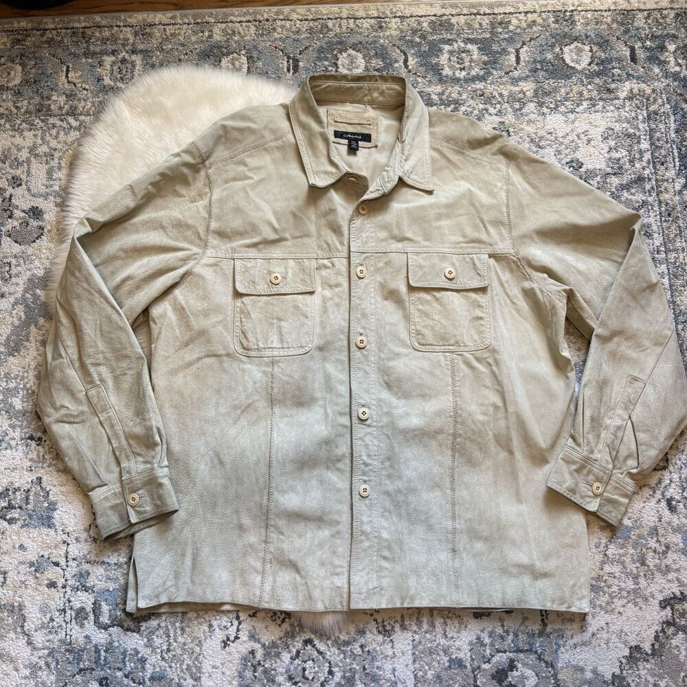 Colebrook Men’s XXL Suede Leather Jacket Vintage Y2K Button Up Gray Beige Khaki